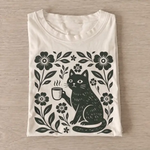 Folk art coffee cat t shirt sand20folk coffee cat.webp