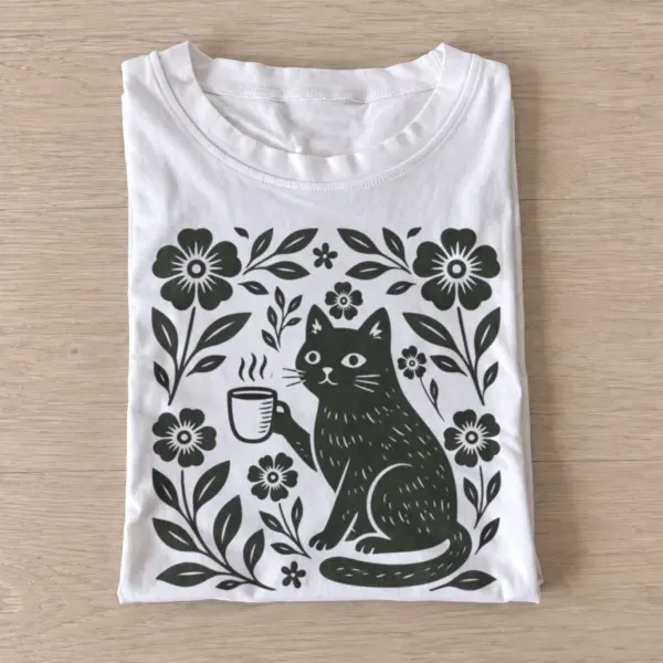Folk art coffee cat t shirt white20folk coffee cat.webp