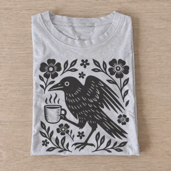 Folk art coffee crow t shirt gray20folk coffee crow.webp