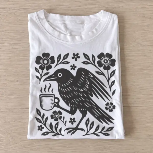 Folk art coffee crow t shirt white20folk coffee crow.webp
