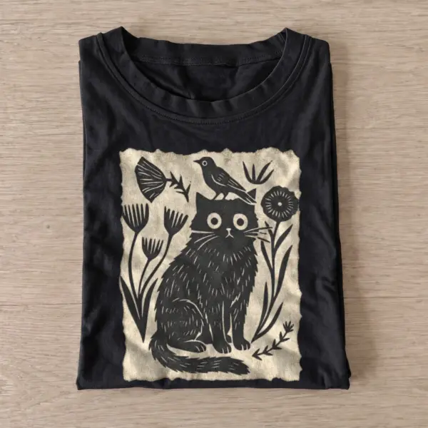 Folk cat and bird t shirt black20folk cat and bird.webp