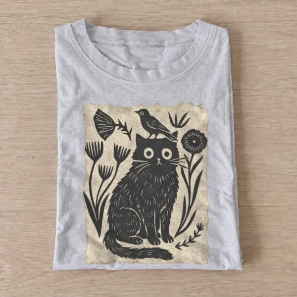 Folk cat and bird t shirt gray20folk cat and bird.webp