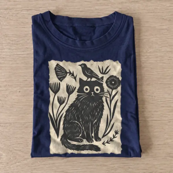 Folk cat and bird t shirt navy20folk cat and bird.webp
