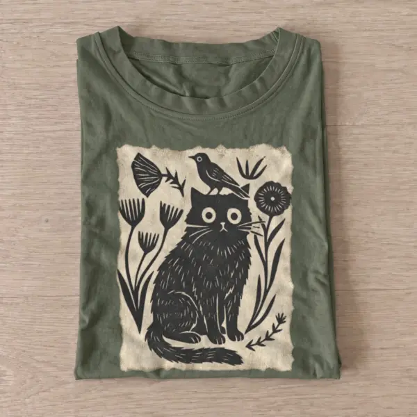 Folk cat and bird t shirt olive20folk cat and bird.webp