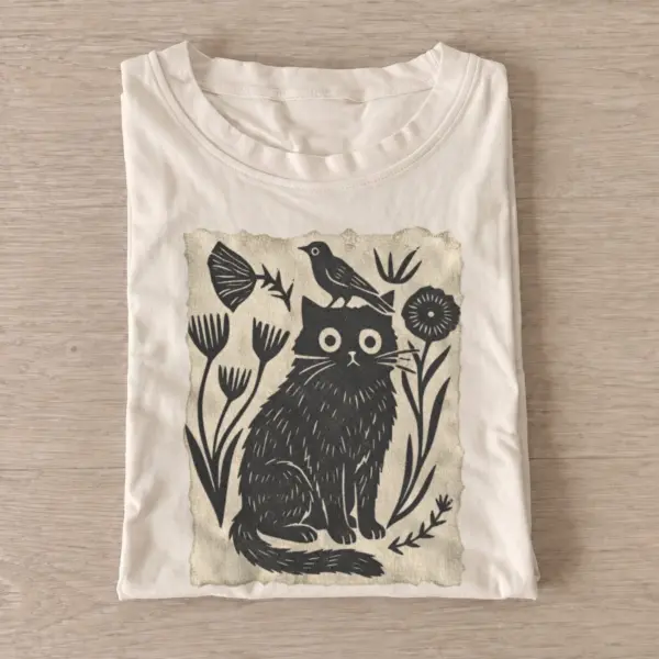 Folk cat and bird t shirt sand20folk cat and bird.webp