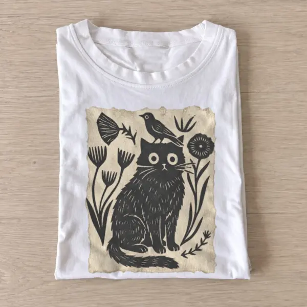 Folk cat and bird t shirt white20folk cat and bird.webp