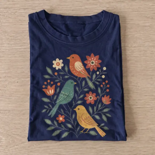 Folk garden birds t shirt navy20folk garden birds.webp