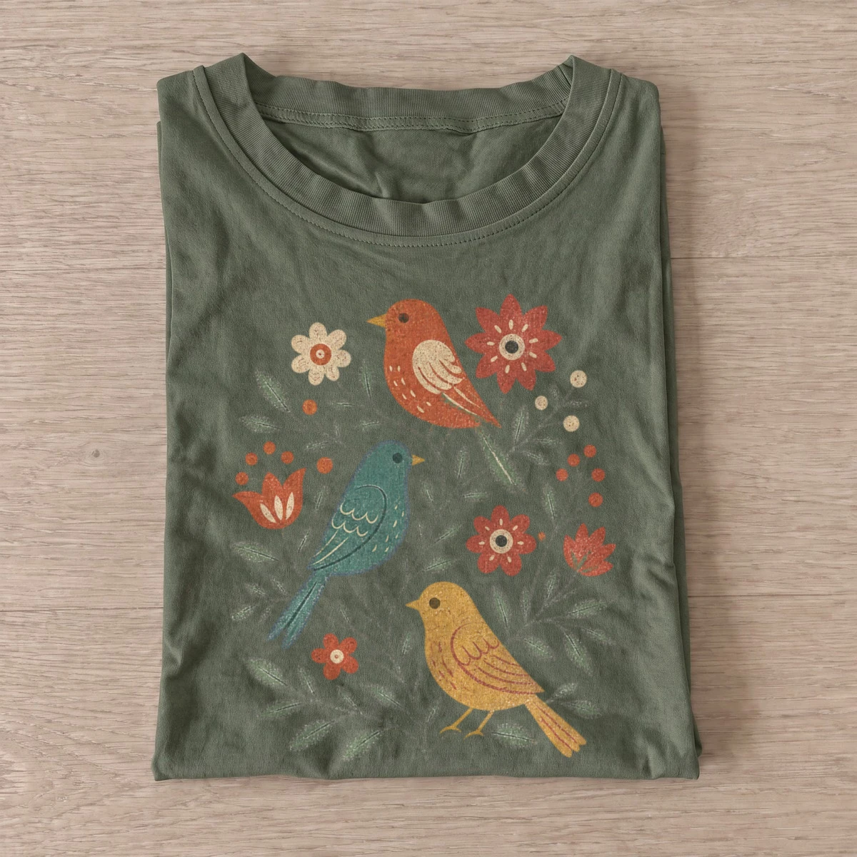 Folk garden birds t shirt olive20folk garden birds.webp