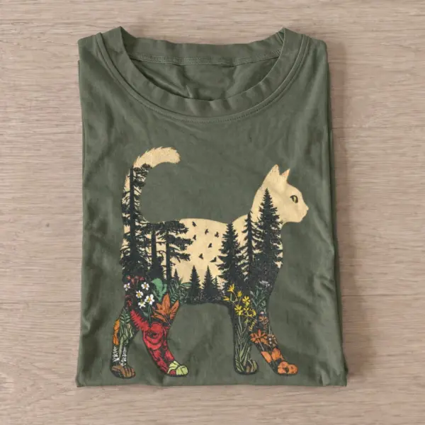 Forest cat silhouette t shirt olive20forest cat silhouette.webp