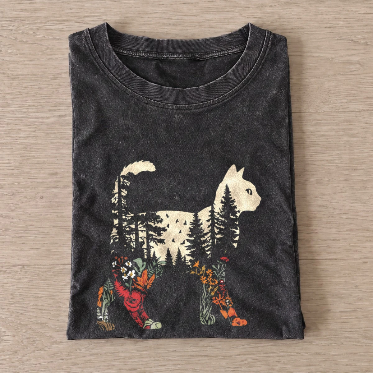 Forest floral cat vintage t shirt washed20black20forest floral cat.webp