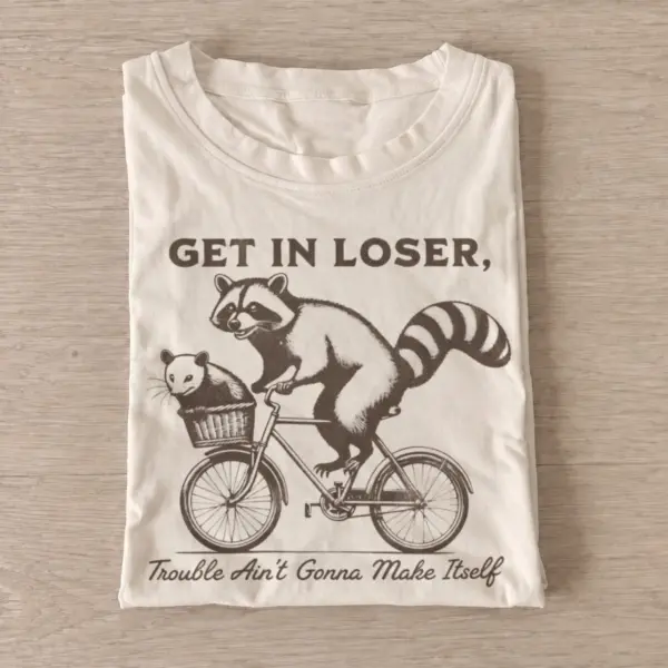 Get in loser trouble bicycle raccoon t shirt sand20trouble bicycle raccoons.webp