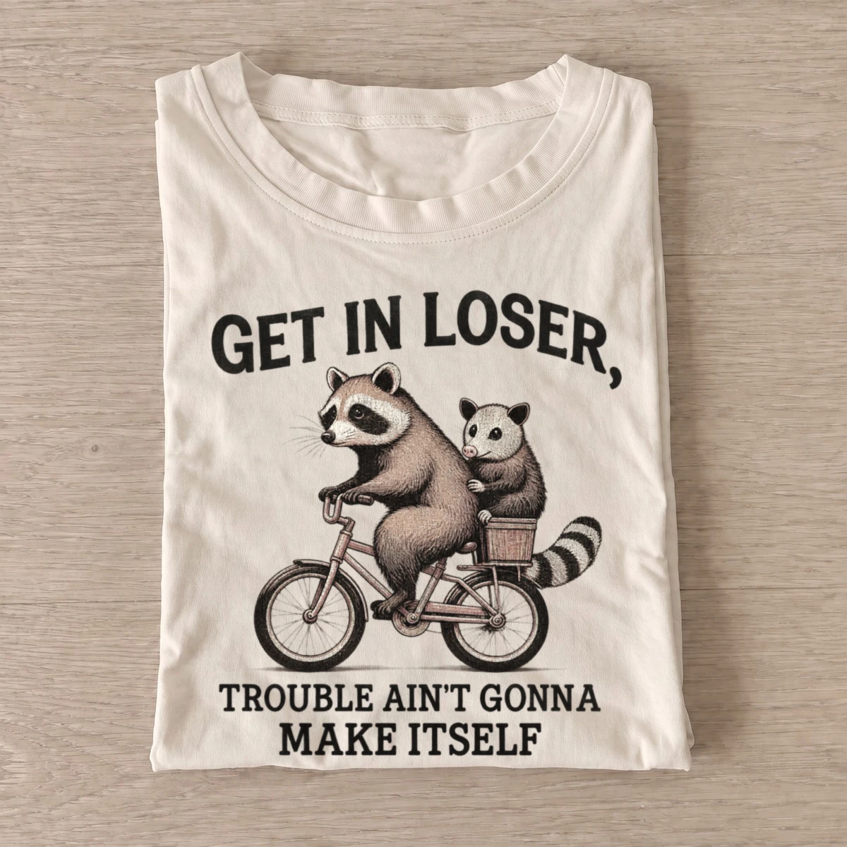 Get in loser trouble critter bicycle t shirt sand20trouble critter bicycle.webp