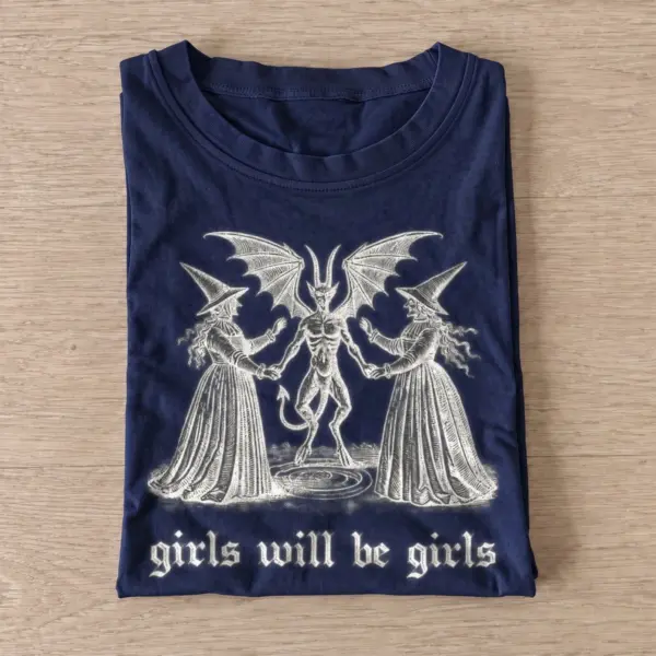 Girls will be girls witches and winged demon t shirt navy20witches and winged demon.webp