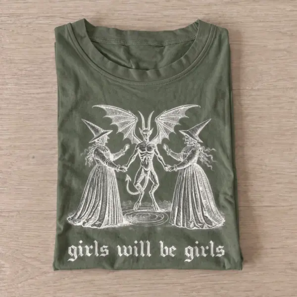 Girls will be girls witches and winged demon t shirt olive20witches and winged demon.webp
