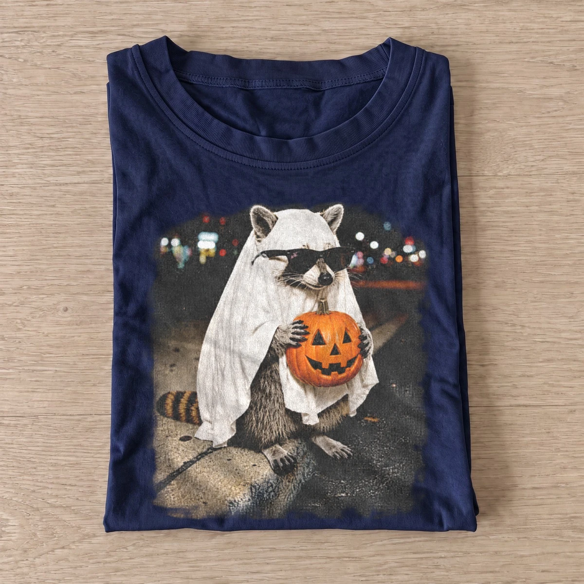 Halloween ghost raccoon with pumpkin t shirt navy20pumpkin ghost raccoon.webp