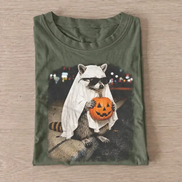 Halloween ghost raccoon with pumpkin t shirt olive20pumpkin ghost raccoon.webp