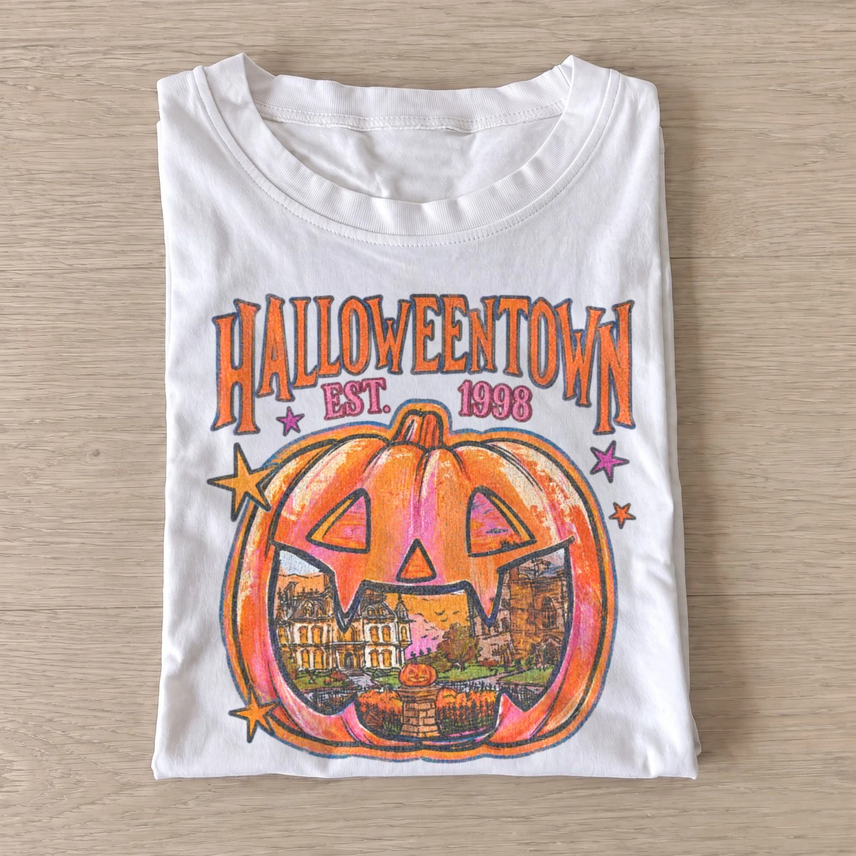 Halloweentown est 1998 pumpkin badge t shirt white20pumpkin town badge.webp