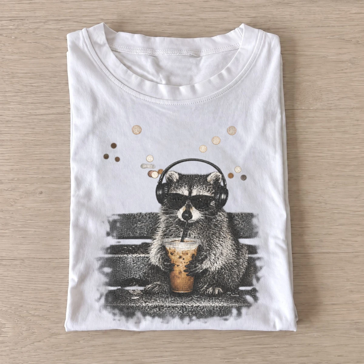 Headphone coffee raccoon graphic t shirt white20headphone coffee raccoon.webp
