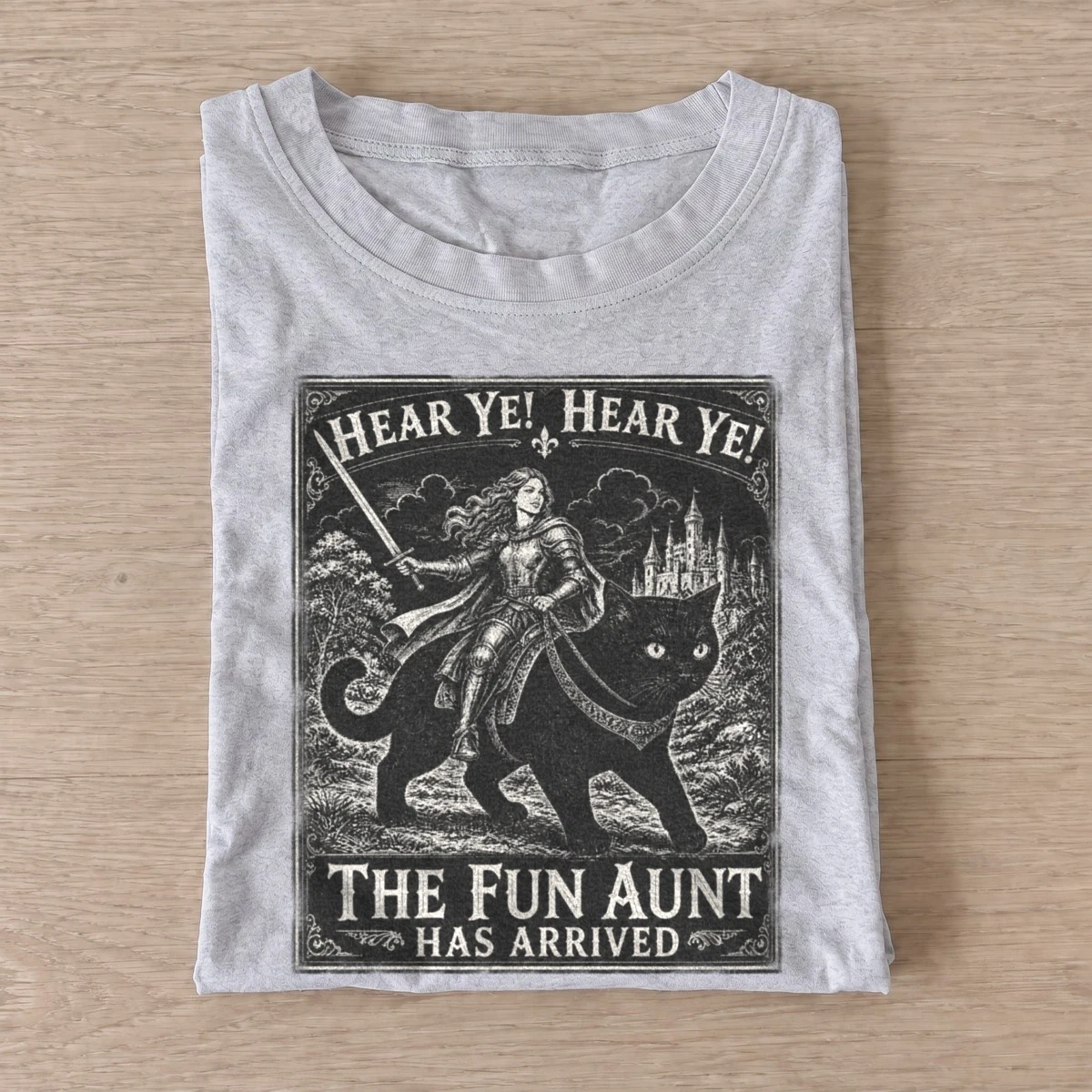 Hear ye the fun aunt has arrived cat knight t shirt gray20fun aunt cat rider.webp