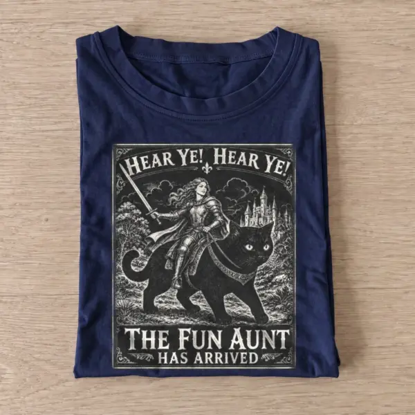 Hear ye the fun aunt has arrived cat knight t shirt navy20fun aunt cat rider.webp