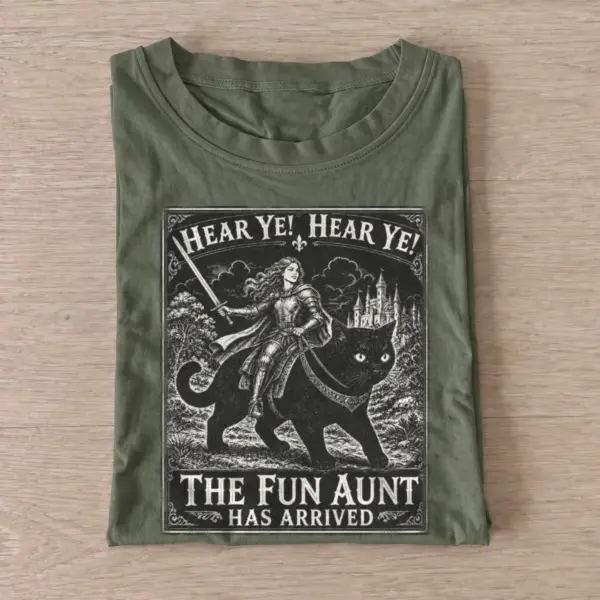 Hear ye the fun aunt has arrived cat knight t shirt olive20fun aunt cat rider.webp