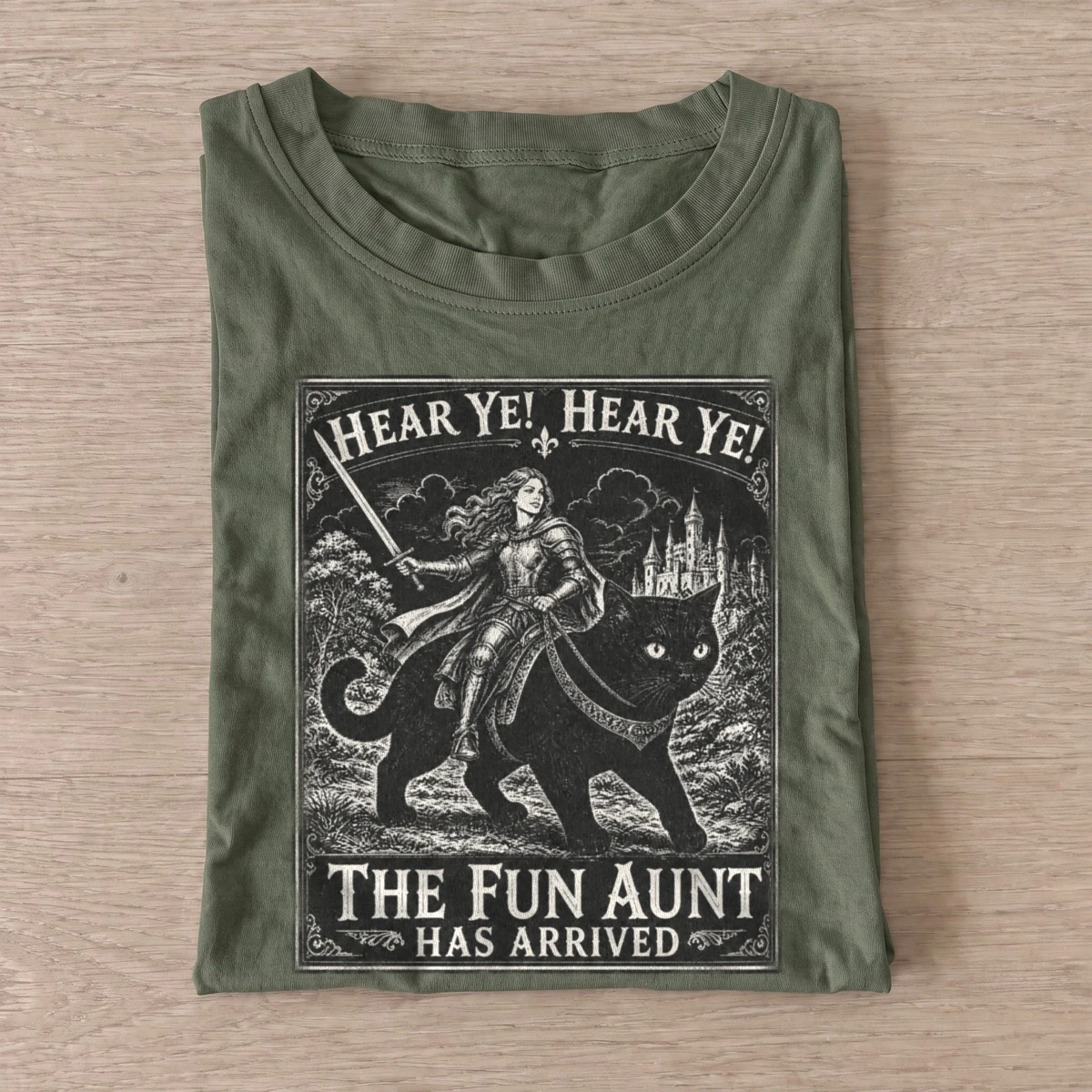 Hear ye the fun aunt has arrived cat knight t shirt olive20fun aunt cat rider.webp