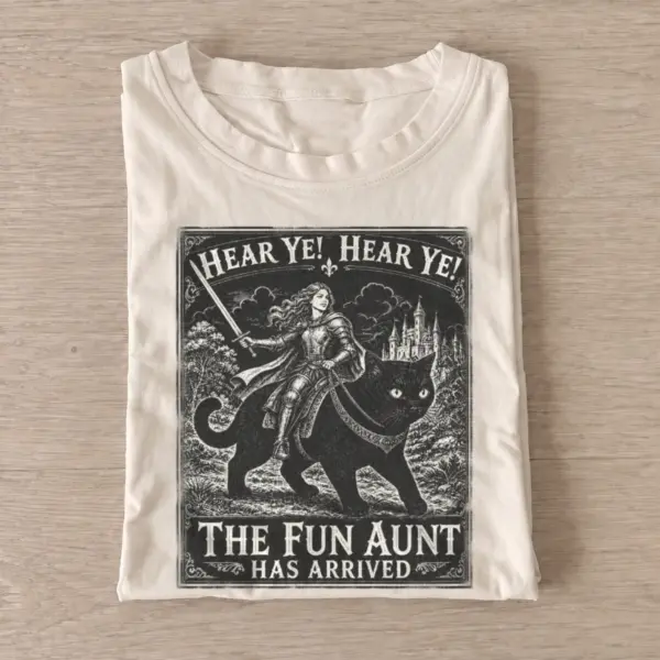 Hear ye the fun aunt has arrived cat knight t shirt sand20fun aunt cat rider.webp