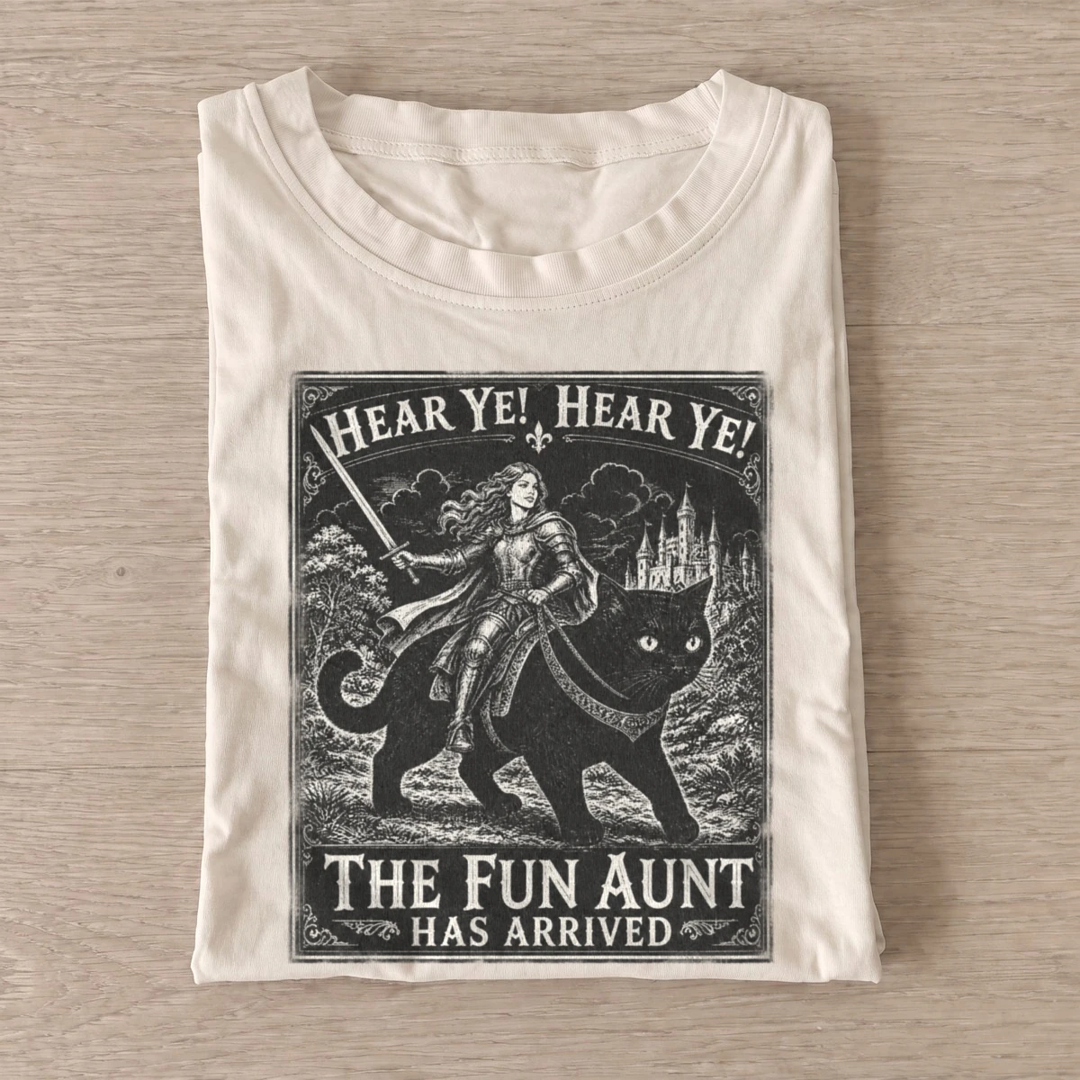 Hear ye the fun aunt has arrived cat knight t shirt sand20fun aunt cat rider.webp