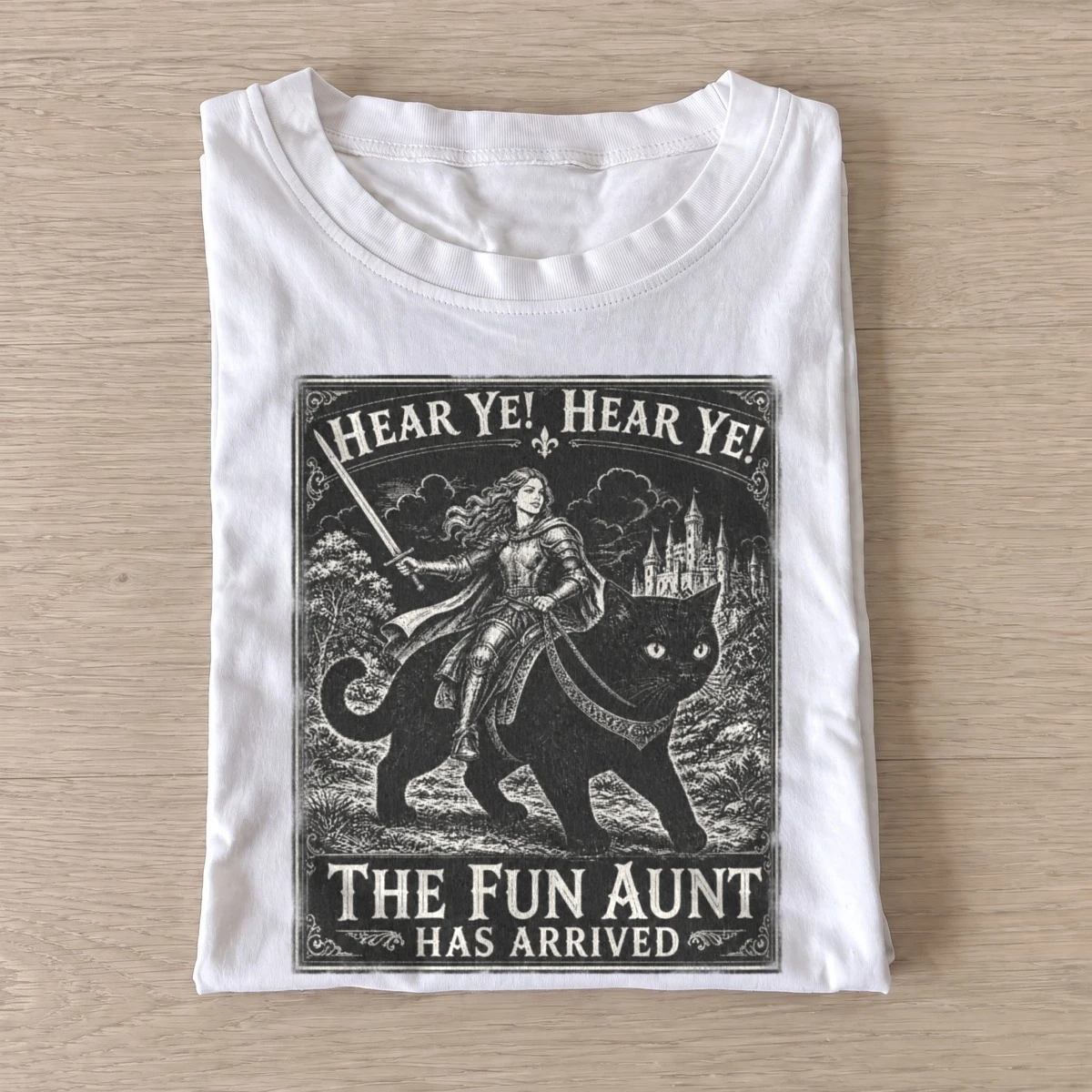 Hear ye the fun aunt has arrived cat knight t shirt white20fun aunt cat rider.webp
