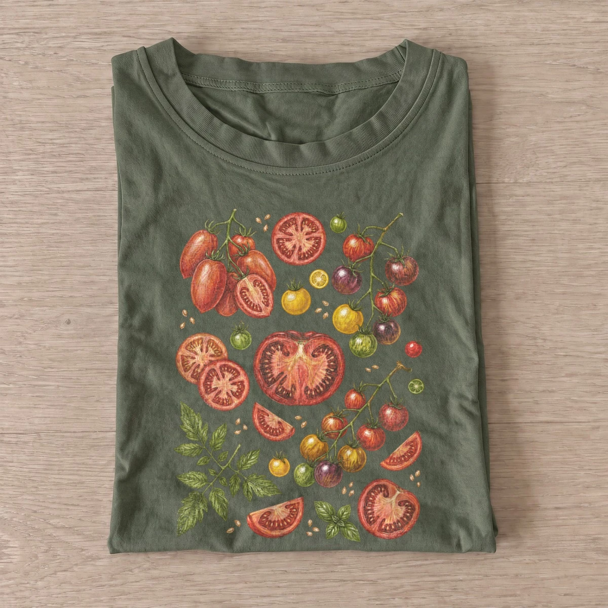 Heirloom tomatoes botanical illustration t shirt olive20heirloom tomatoes.webp