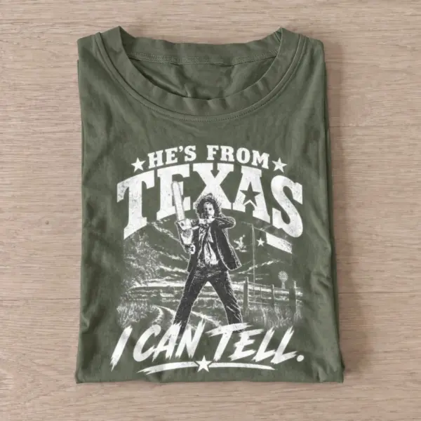 Hes from texas chainsaw killer t shirt olive20chainsaw wielding killer.webp