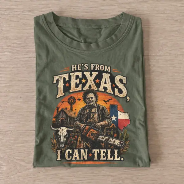 Hes from texas i can tell chainsaw horror t shirt olive20chainsaw horror.webp