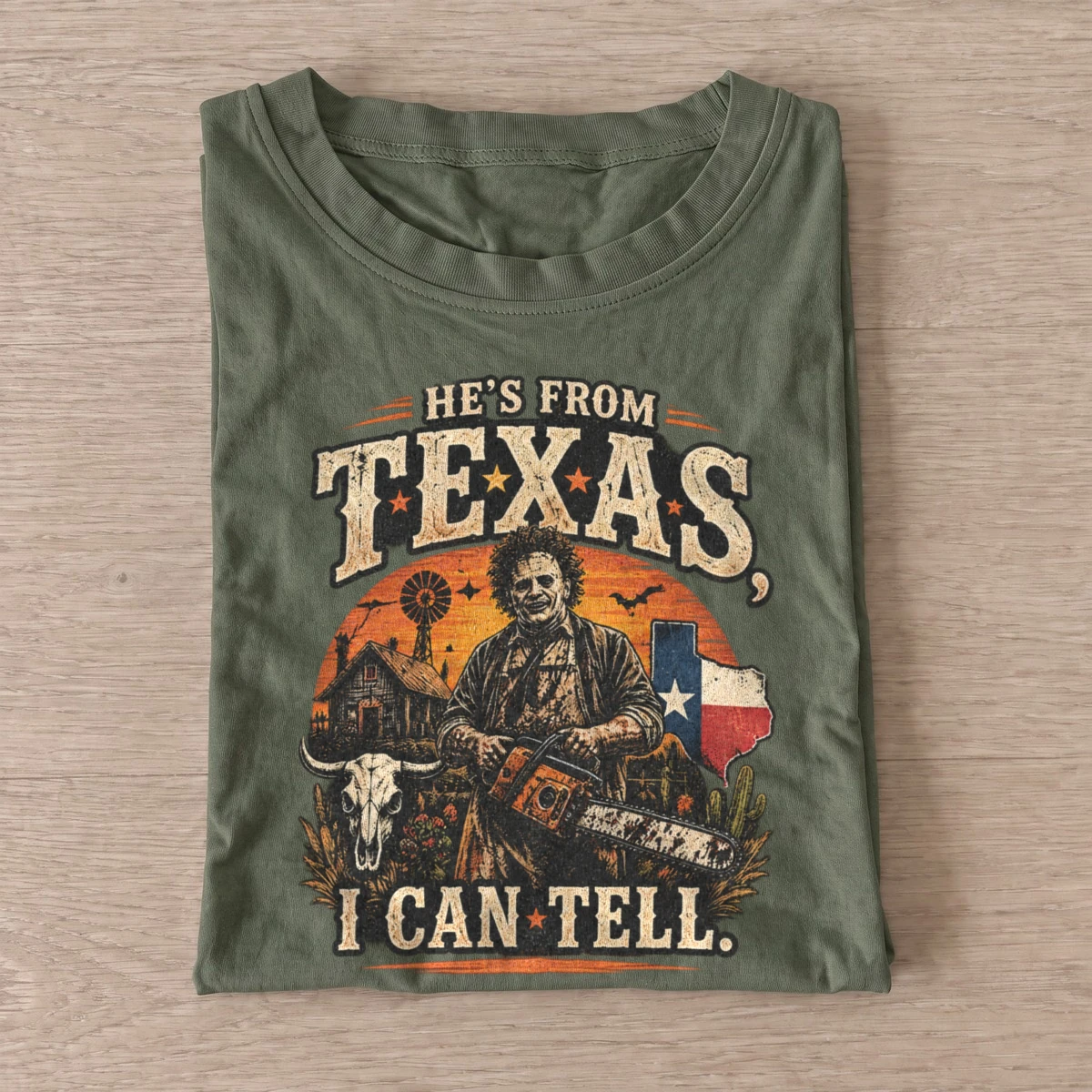 Hes from texas i can tell chainsaw horror t shirt olive20chainsaw horror.webp