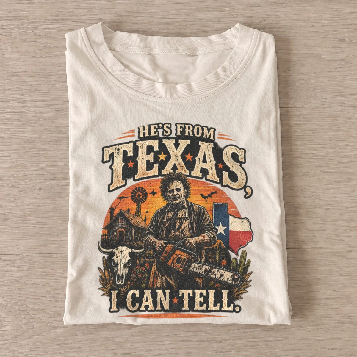Hes from texas i can tell chainsaw horror t shirt sand20chainsaw horror.webp