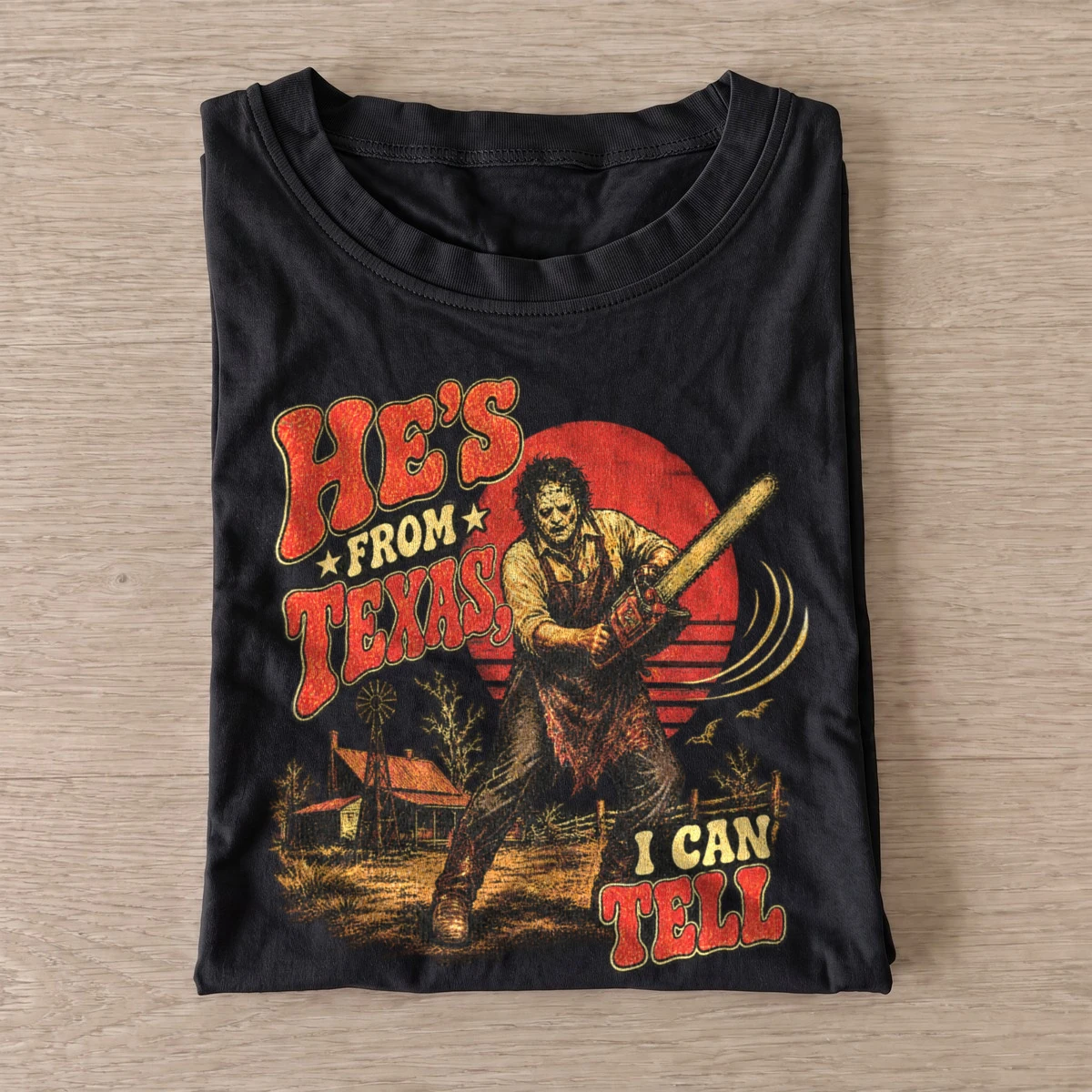 Hes from texas i can tell chainsaw sunset t shirt black20chainsaw sunset.webp