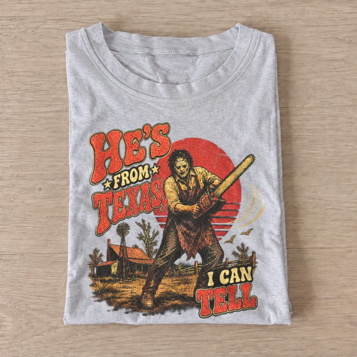 Hes from texas i can tell chainsaw sunset t shirt gray20chainsaw sunset.webp