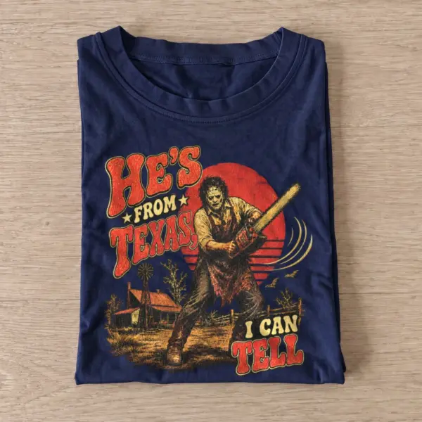 Hes from texas i can tell chainsaw sunset t shirt navy20chainsaw sunset.webp