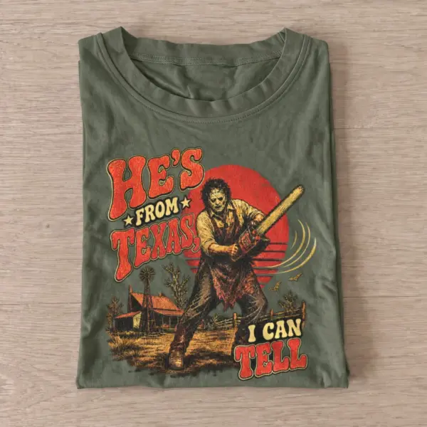 Hes from texas i can tell chainsaw sunset t shirt olive20chainsaw sunset.webp
