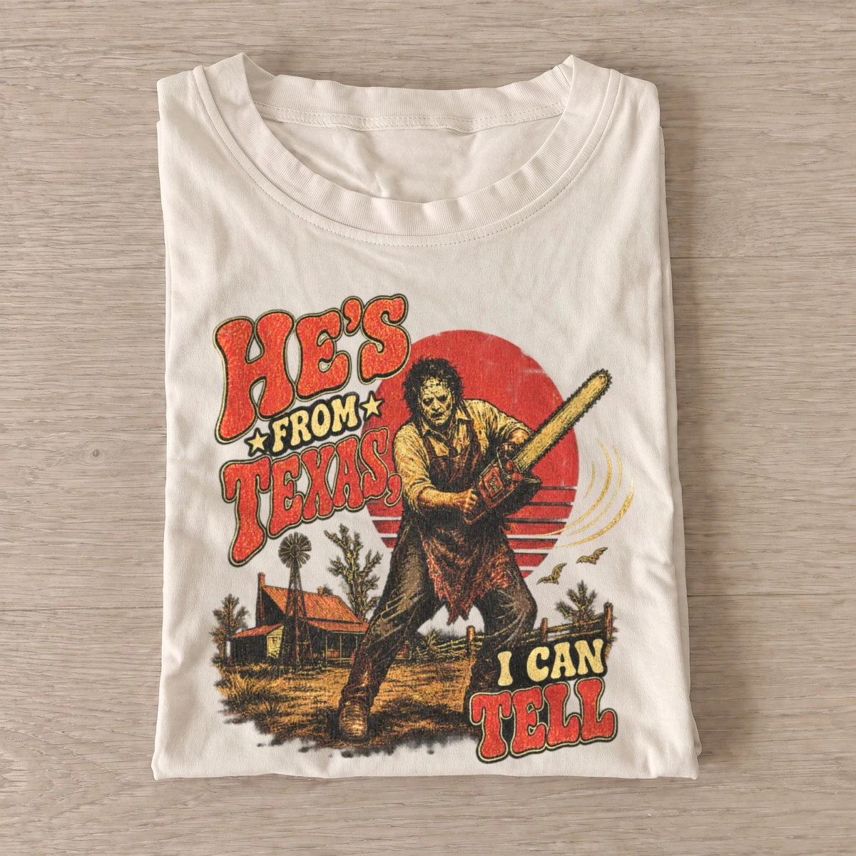 Hes from texas i can tell chainsaw sunset t shirt sand20chainsaw sunset.webp