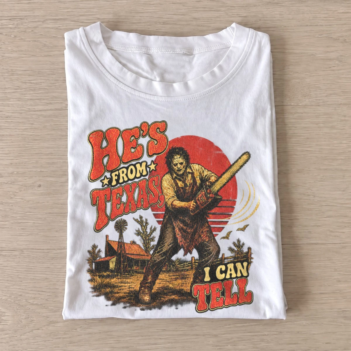 Hes from texas i can tell chainsaw sunset t shirt white20chainsaw sunset.webp