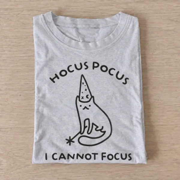 Wizard cat with an I Cannot Focus caption graphic T-shirt design