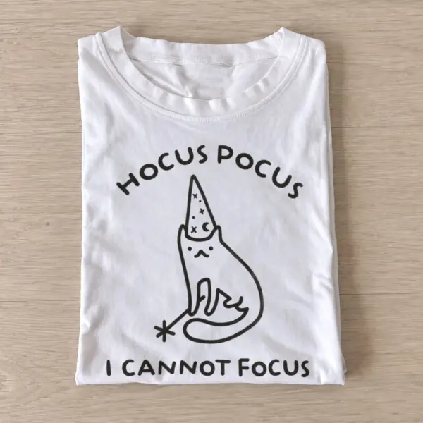 Wizard cat with an I Cannot Focus caption graphic T-shirt design