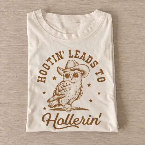 Hootin leads to hollerin cowboy owl t shirt sand20hootin and hollerin.webp