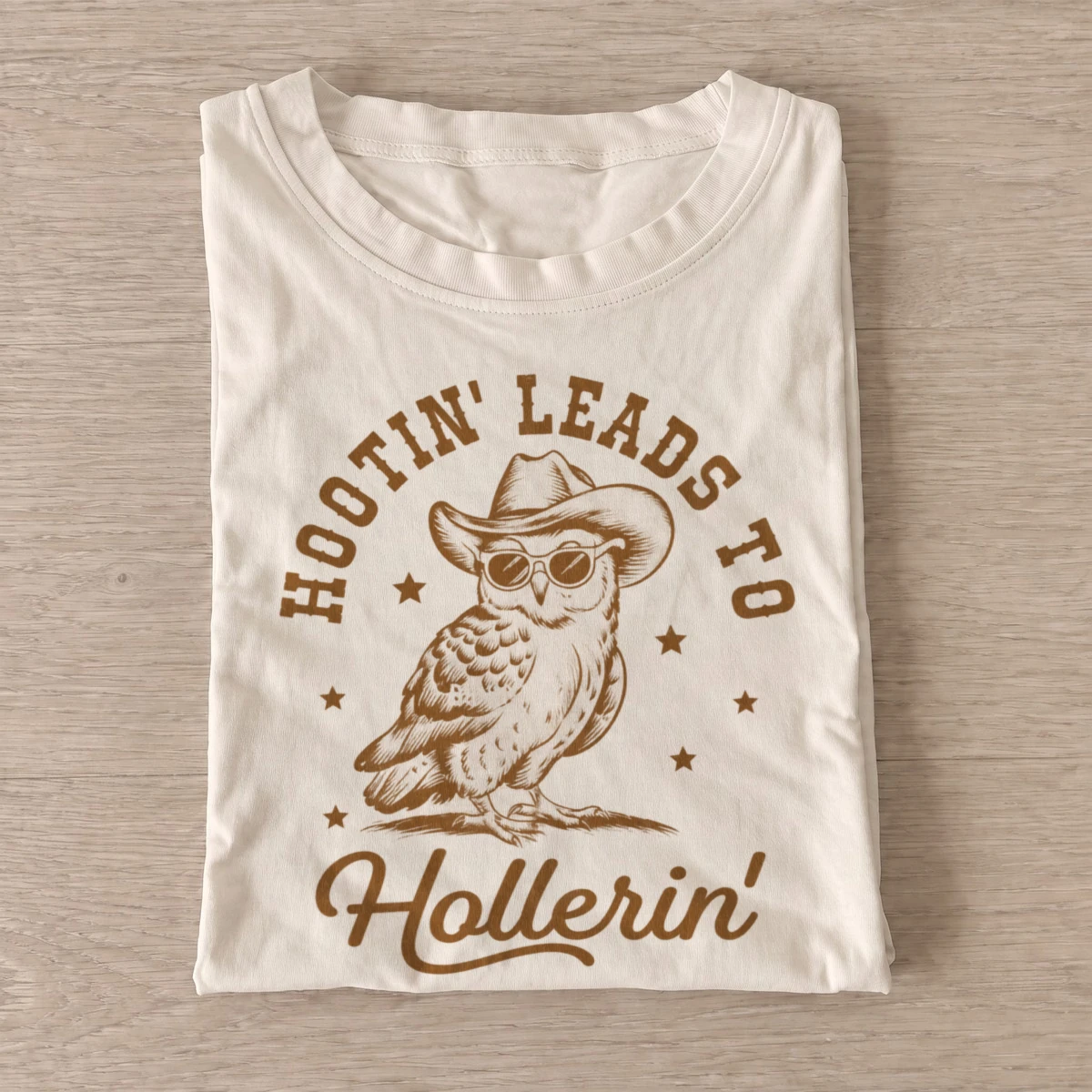 Hootin leads to hollerin cowboy owl t shirt sand20hootin and hollerin.webp