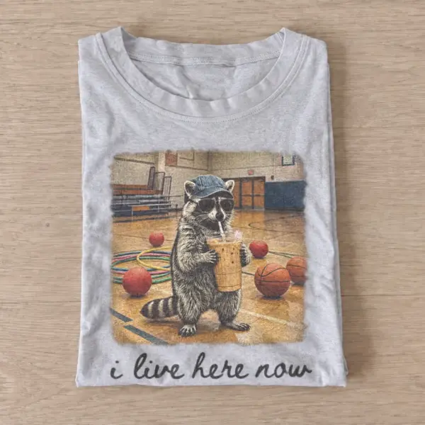 I live here now iced coffee raccoon t shirt gray20iced coffee raccoon.webp