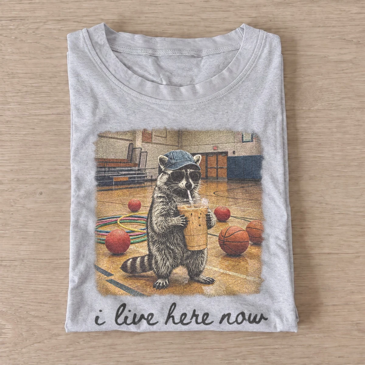 I live here now iced coffee raccoon t shirt gray20iced coffee raccoon.webp