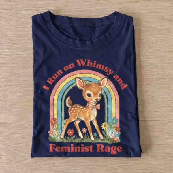 I run on whimsy and feminist rage fawn t shirt navy20feminist rage fawn.webp