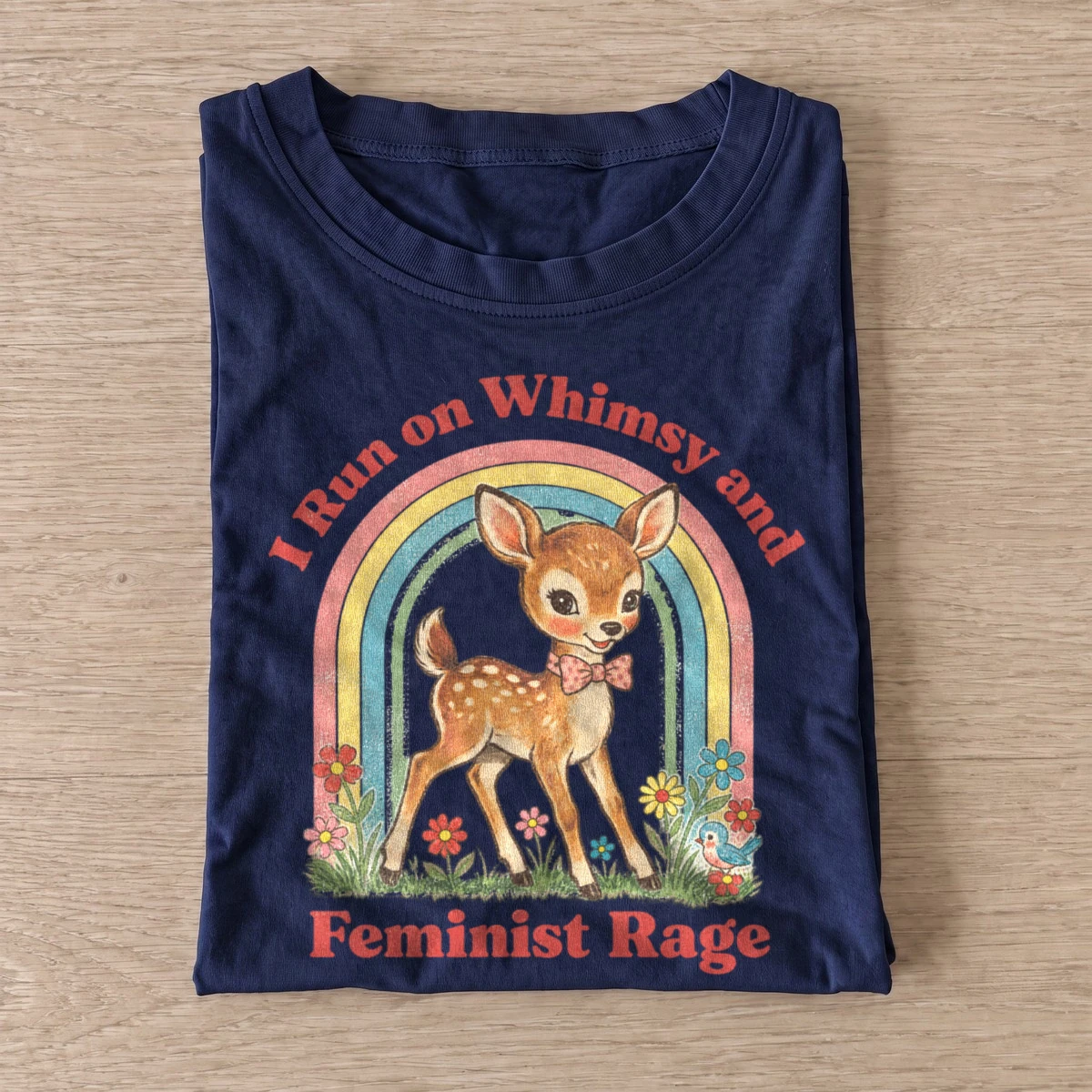 I run on whimsy and feminist rage fawn t shirt navy20feminist rage fawn.webp