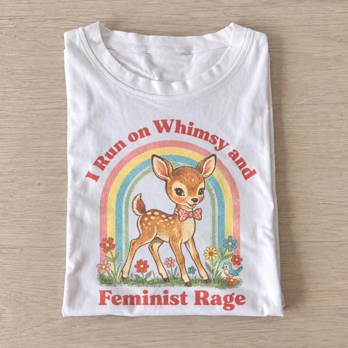 I run on whimsy and feminist rage fawn t shirt white20feminist rage fawn.webp