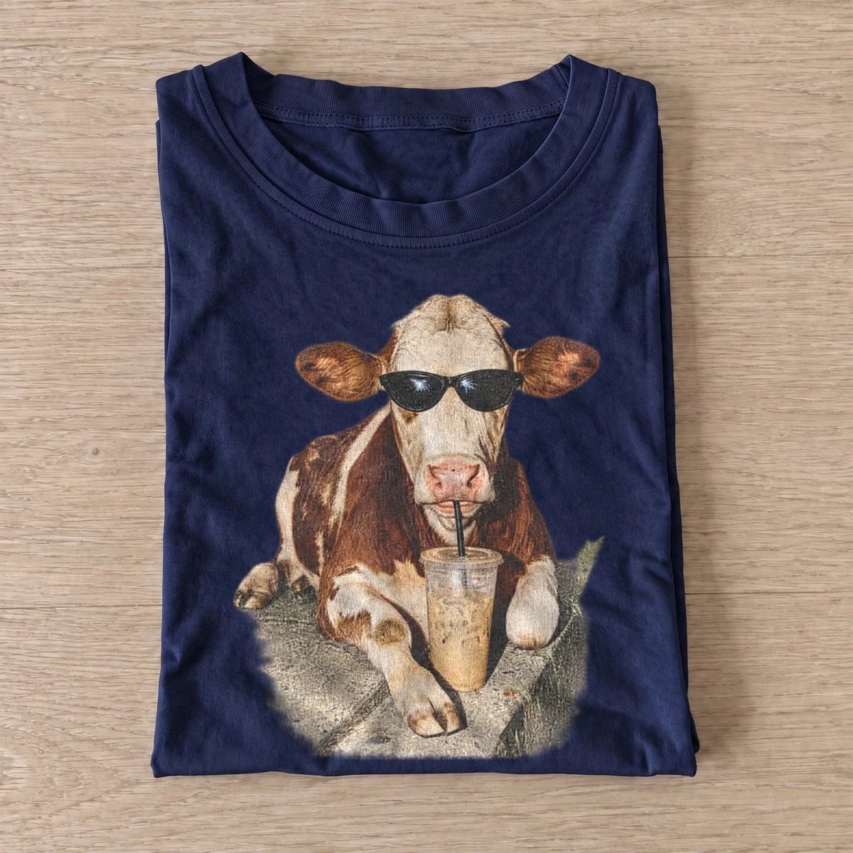 Iced coffee drinking cow t shirt navy20iced coffee cow.webp